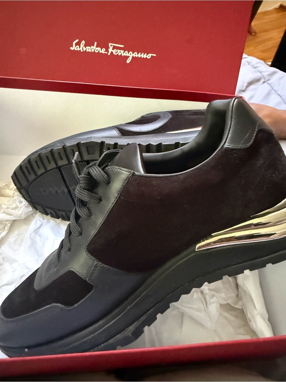 Salvatore Ferragamo Men's Dark Brown Suede Sneakers with Metallic Silver Heel - Picture 2 of 7